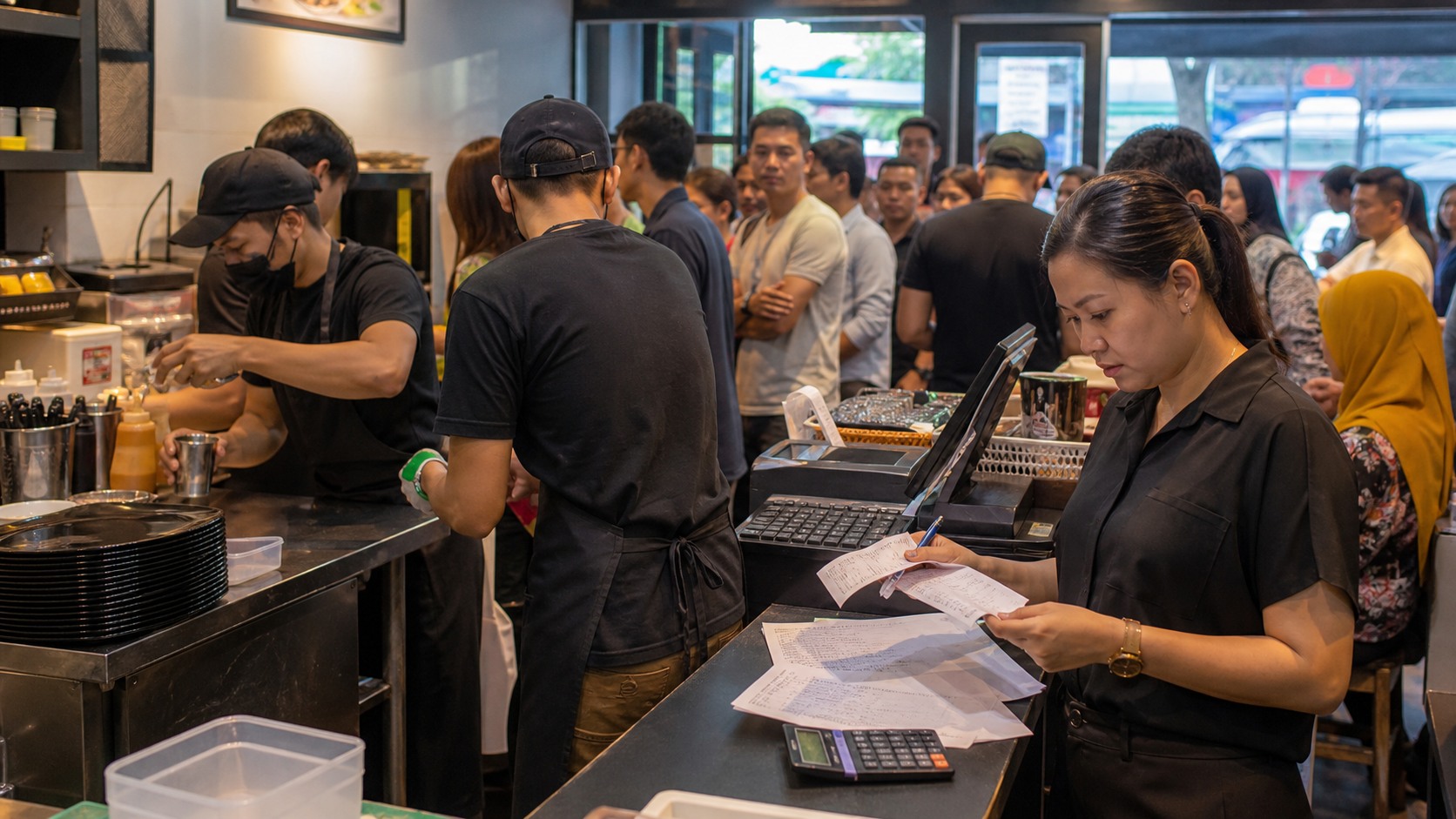 Workers in a busy Malaysian cafe and service counter preparing orders while a supervisor checks receipts and pricing sheets during a lunch rush
