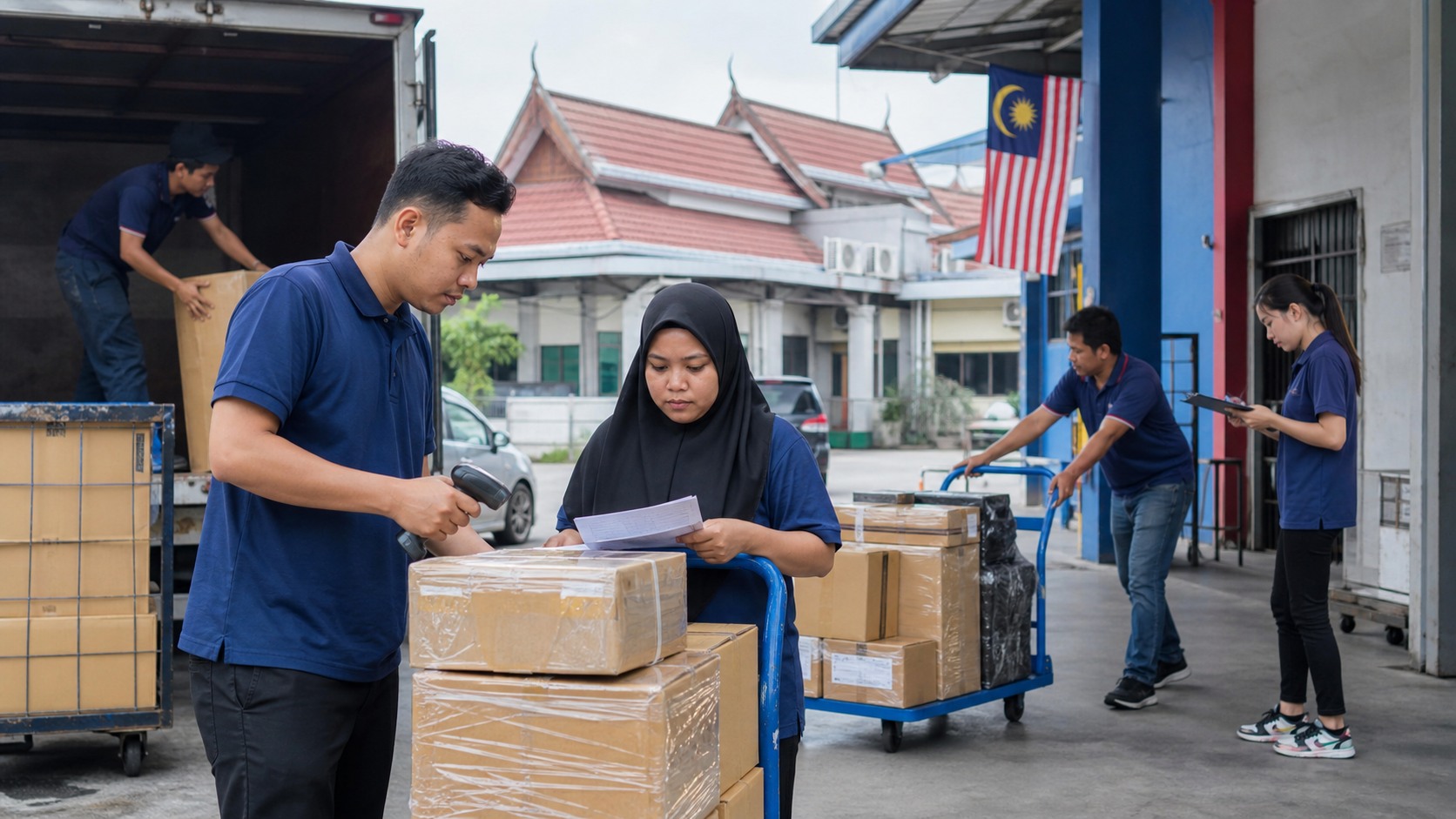 Malaysian service and logistics workers moving parcels and checking orders at a busy transport-linked service hub