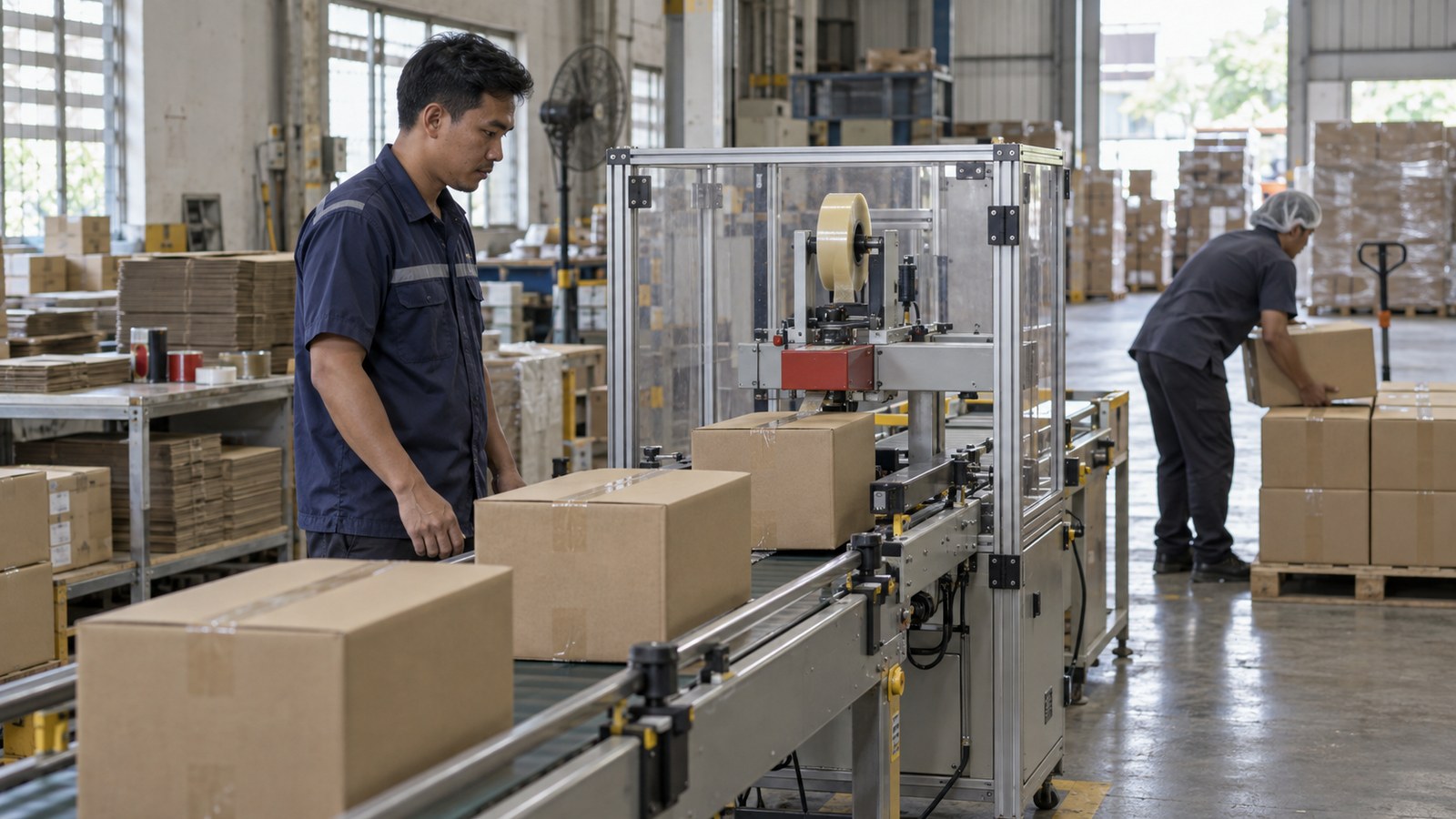 Illustrative Malaysian factory workers monitoring a guarded carton-sealing conveyor and moving finished cartons onto a pallet.