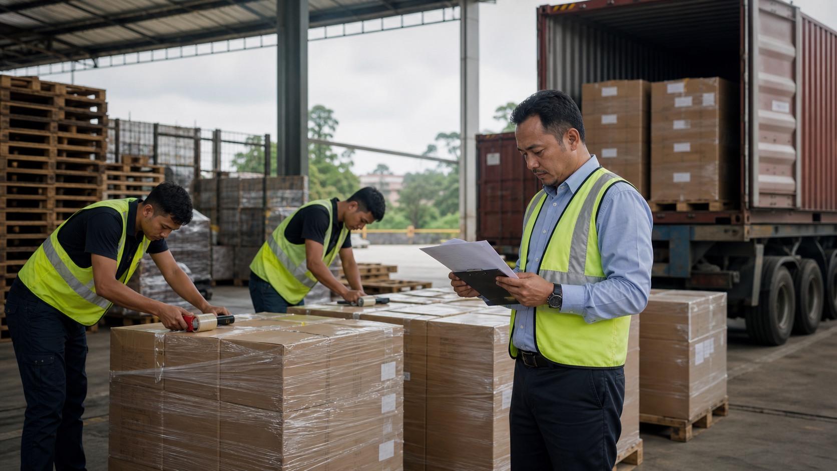 Malaysian warehouse staff sealing export cartons and checking shipping documents beside pallets in a loading bay