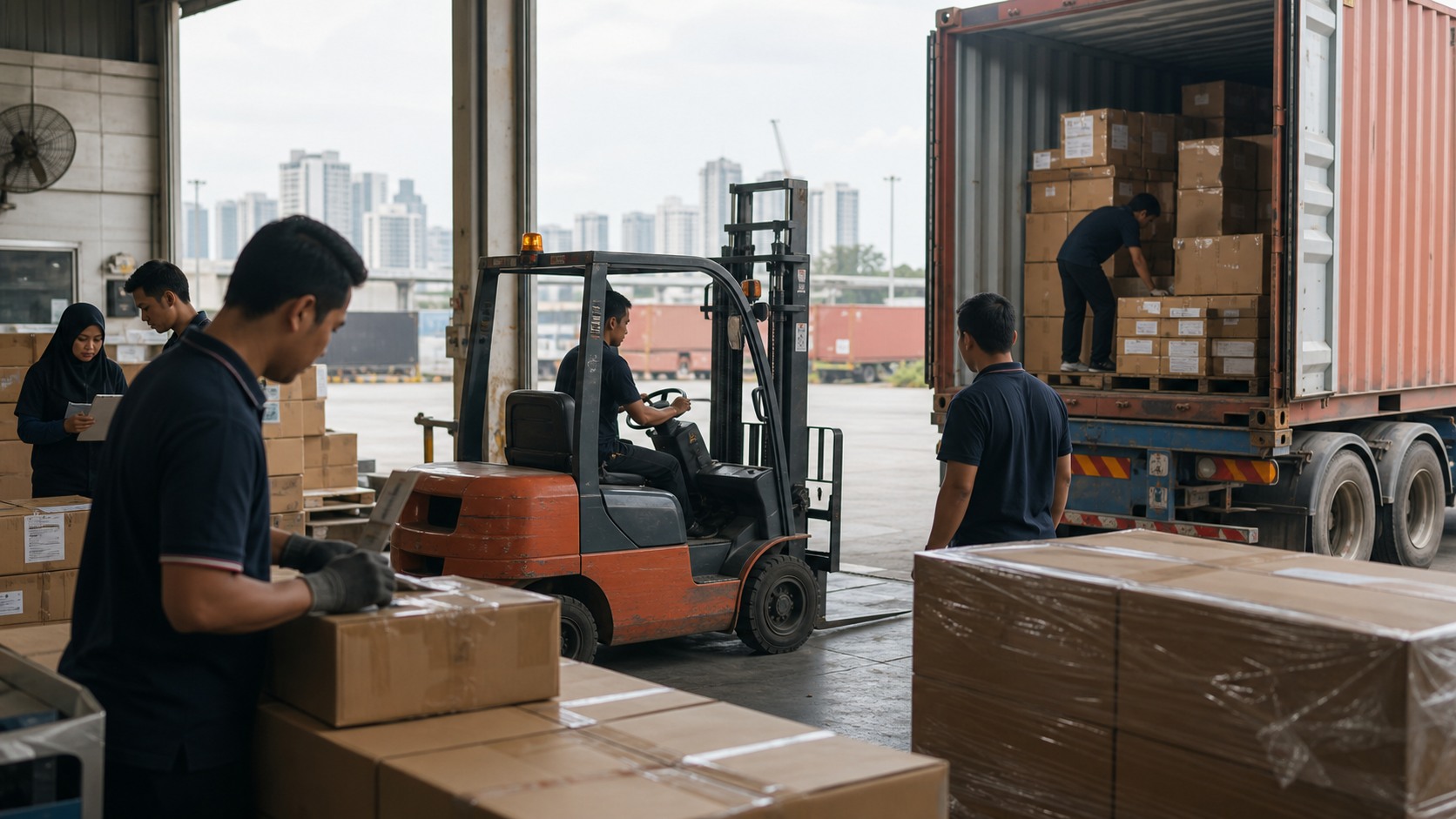 Malaysian logistics workers moving sealed export cartons beside a forklift and container trailer at a busy warehouse loading bay near the port