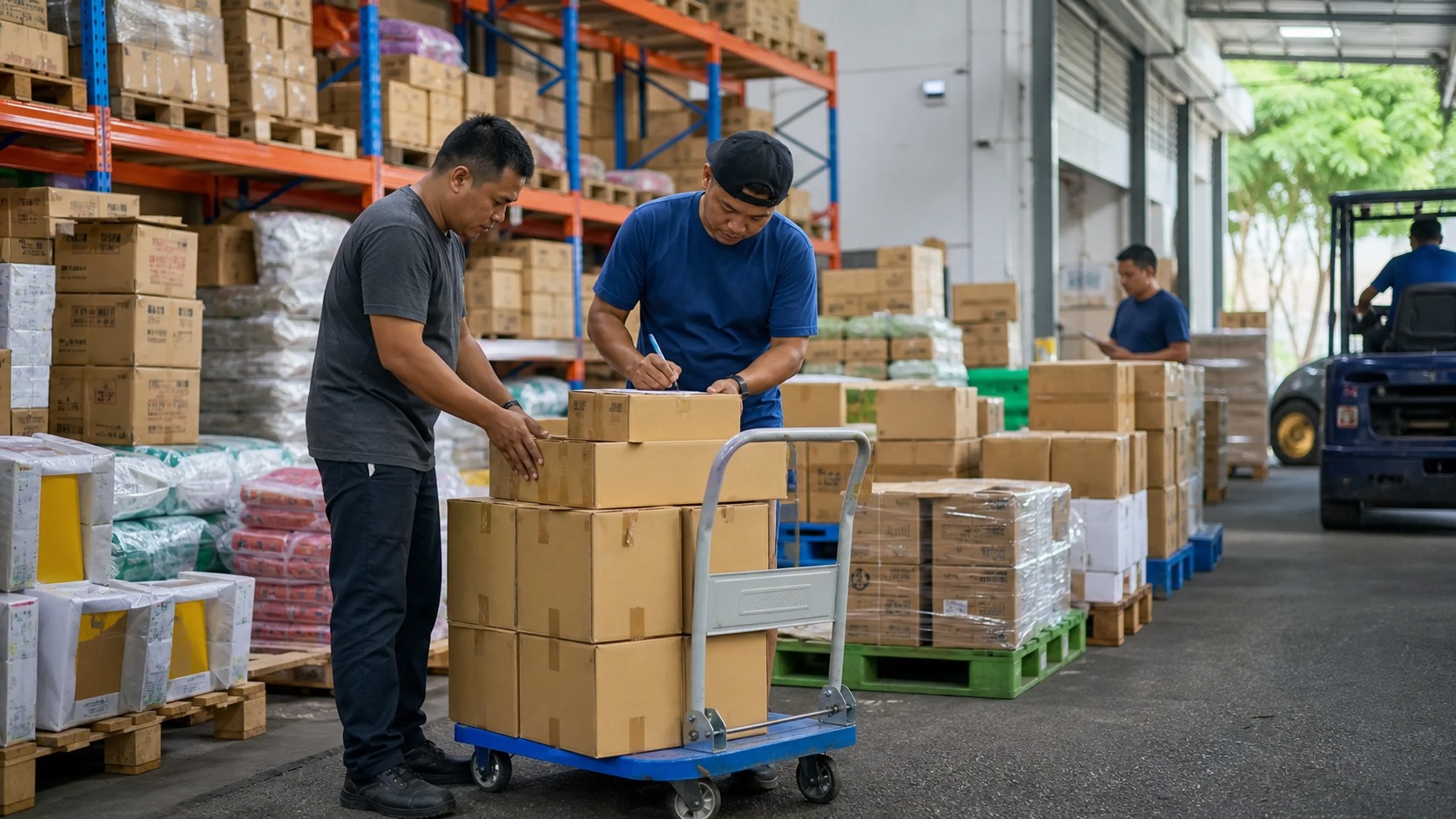 Workers moving cartons and checking stock in a busy Malaysian wholesale warehouse after stronger April trade growth