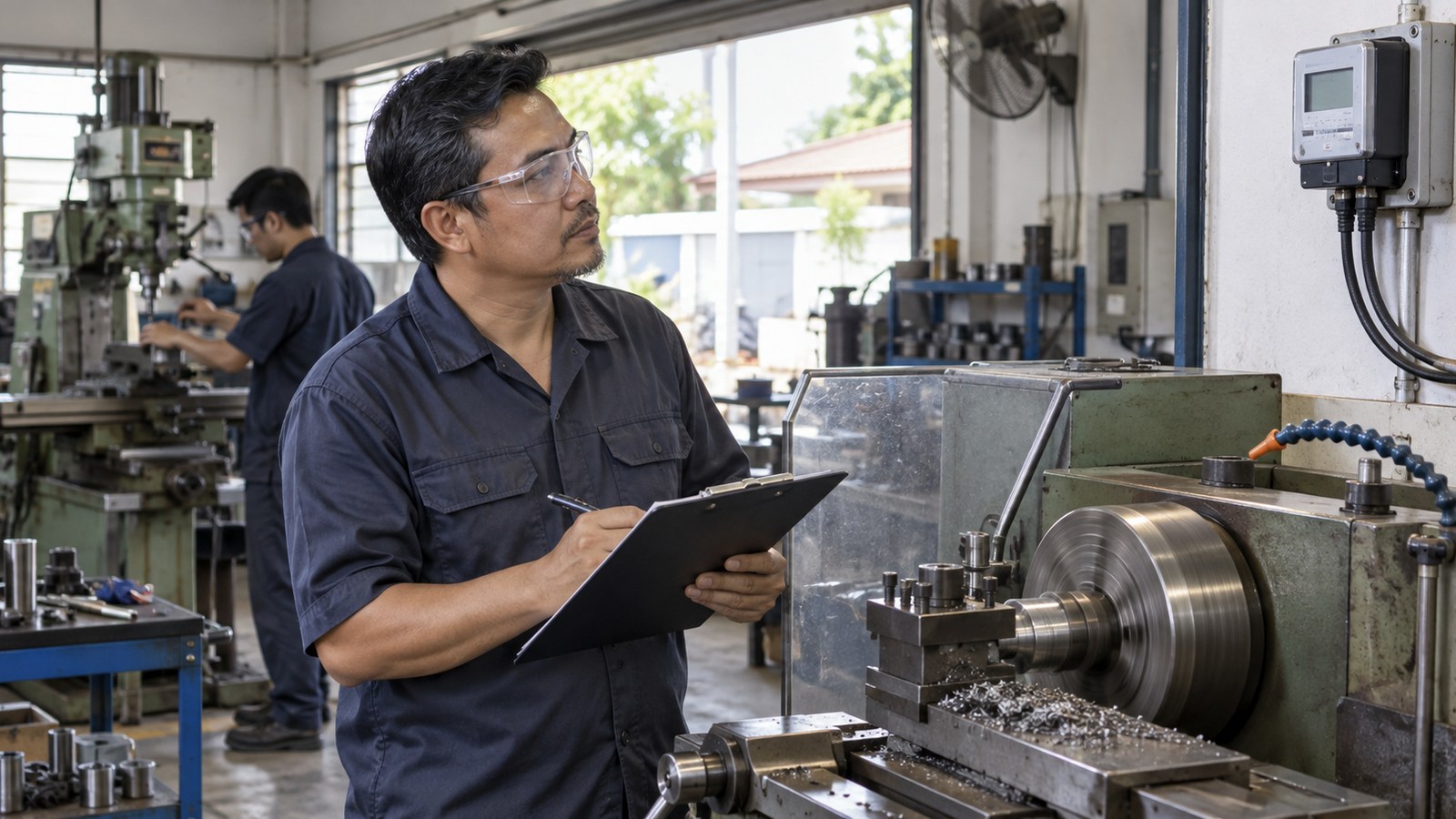 Illustrative Malaysian workshop scene with an owner reviewing a machine and energy meter