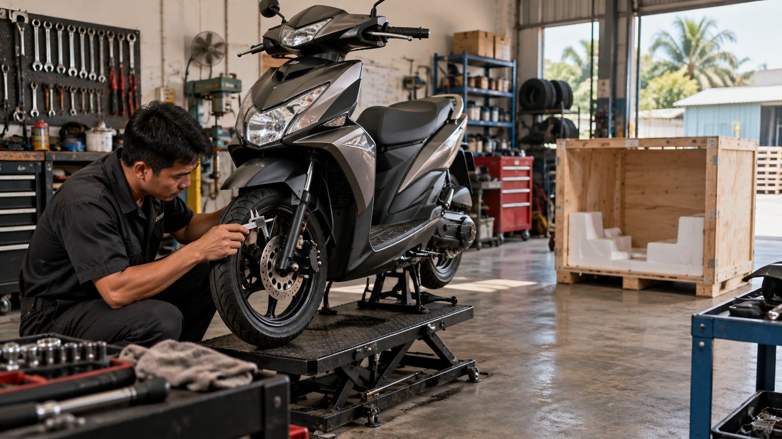 Generated illustration of a Malaysian workshop technician inspecting an unbranded scooter beside a packing crate for a sample evaluation