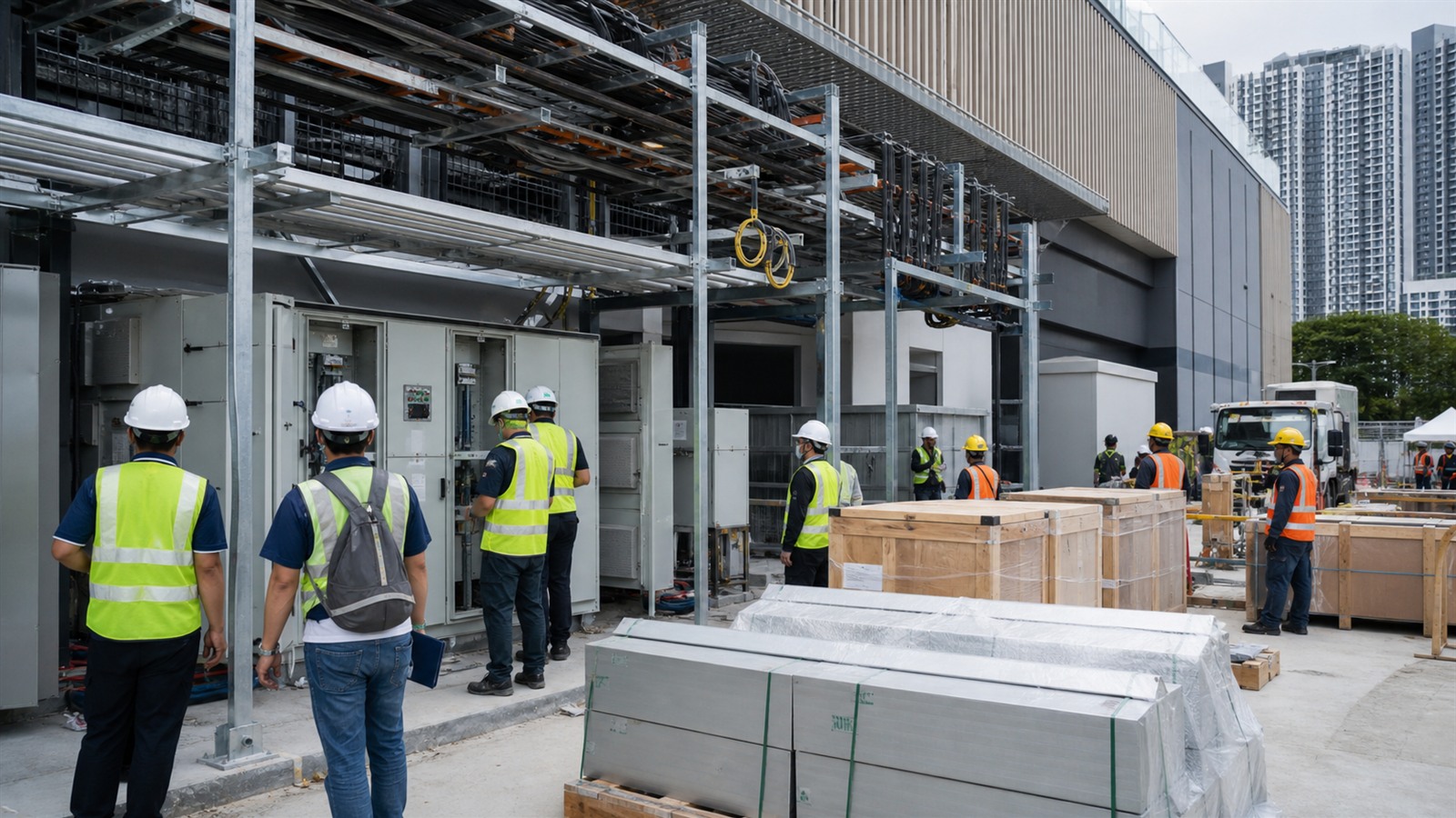 Contractors in safety helmets inspecting switchgear cabinets, cable racks, and sealed equipment crates at a Malaysian data-centre construction site