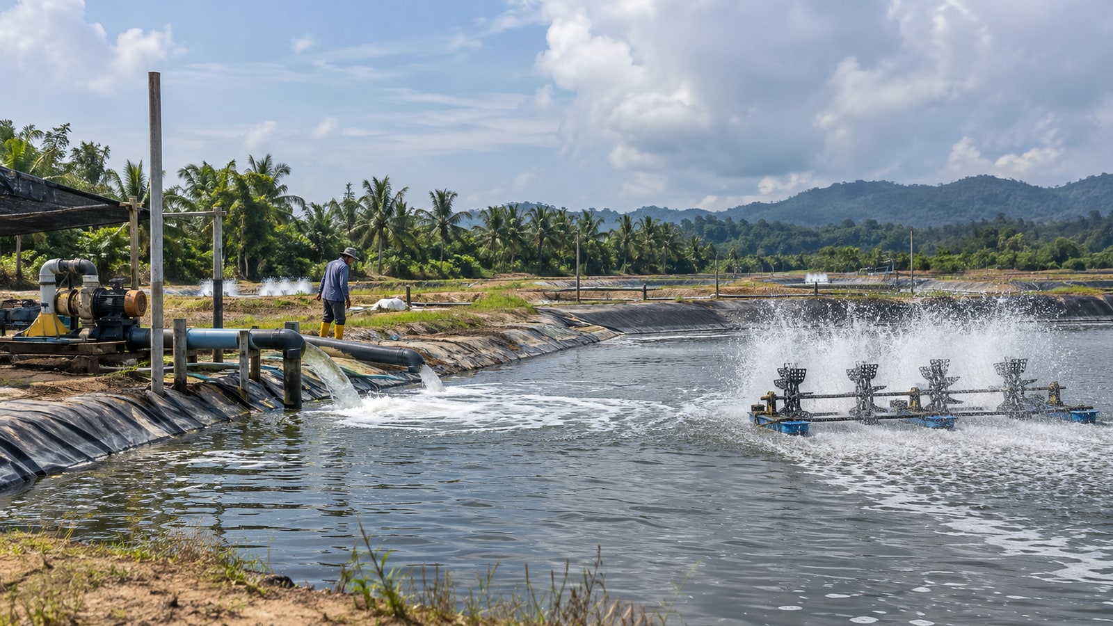 Generated illustration of a Malaysian shrimp pond with paddlewheel aerators, intake pipes and a worker inspecting the pump area