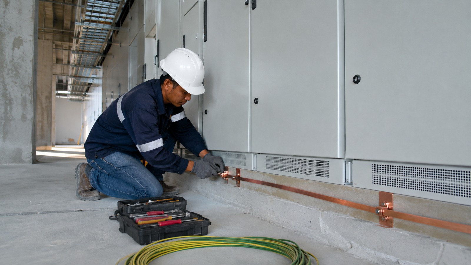 Illustrative Malaysian technician preparing a copper earthing connection beside industrial electrical cabinets.