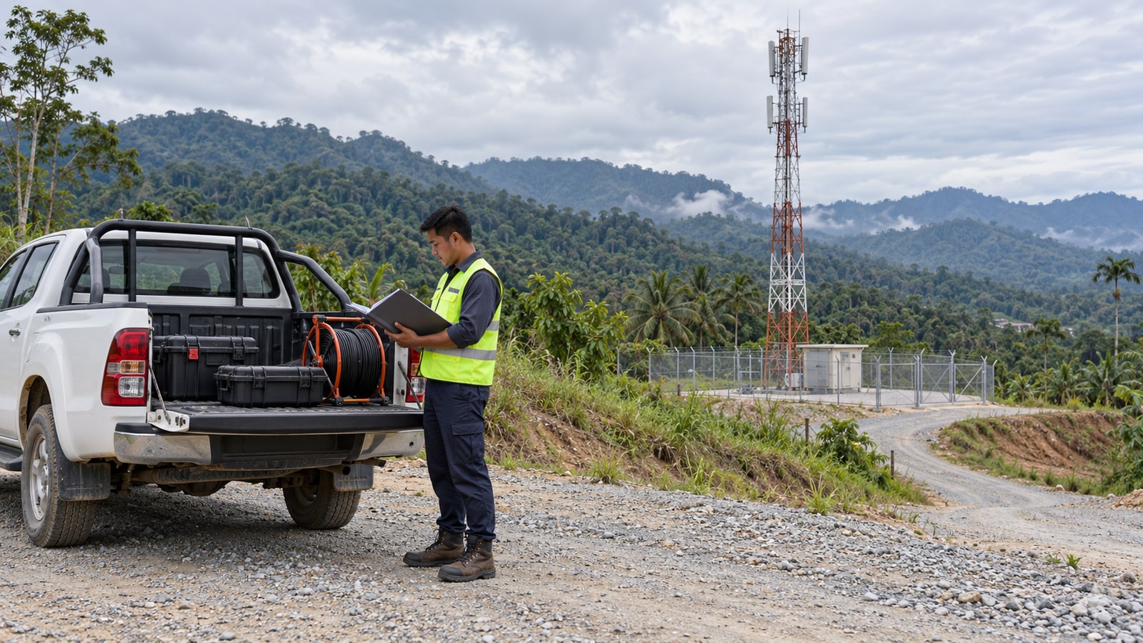Generated illustration of a telecom technician reviewing a site folder beside equipment cases and a utility pickup near a rural Malaysian communications mast