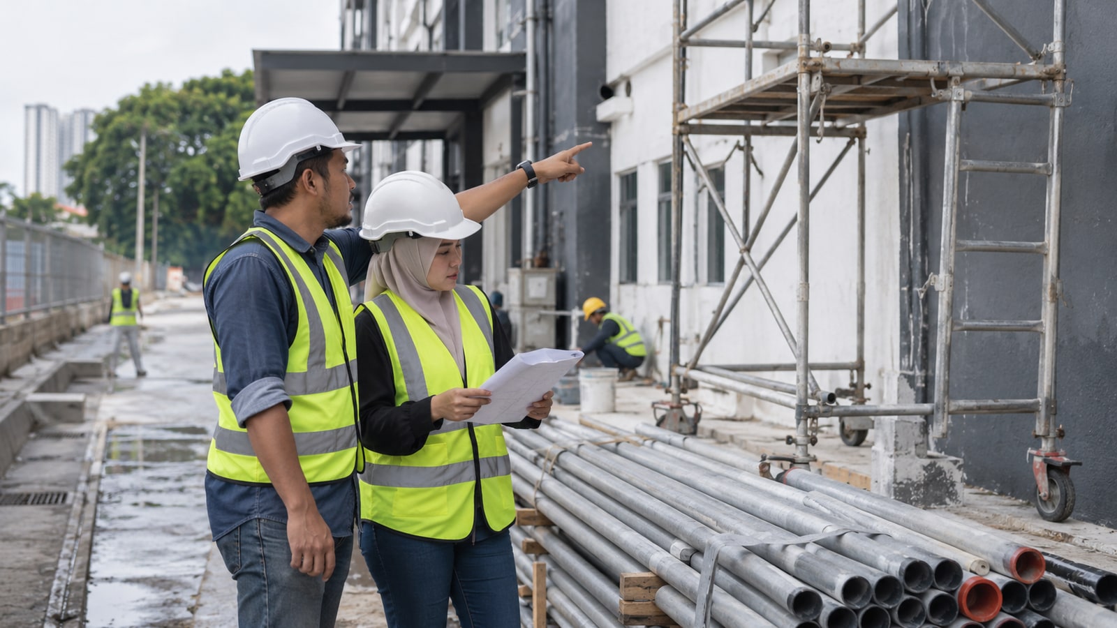 Generated illustration of Malaysian contractors checking a delivery docket beside pipes and scaffolding at a commercial-building worksite.