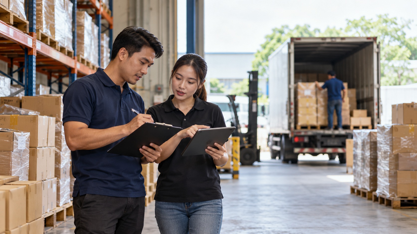 Illustration of two warehouse colleagues reviewing stock and delivery plans beside pallets and a truck.