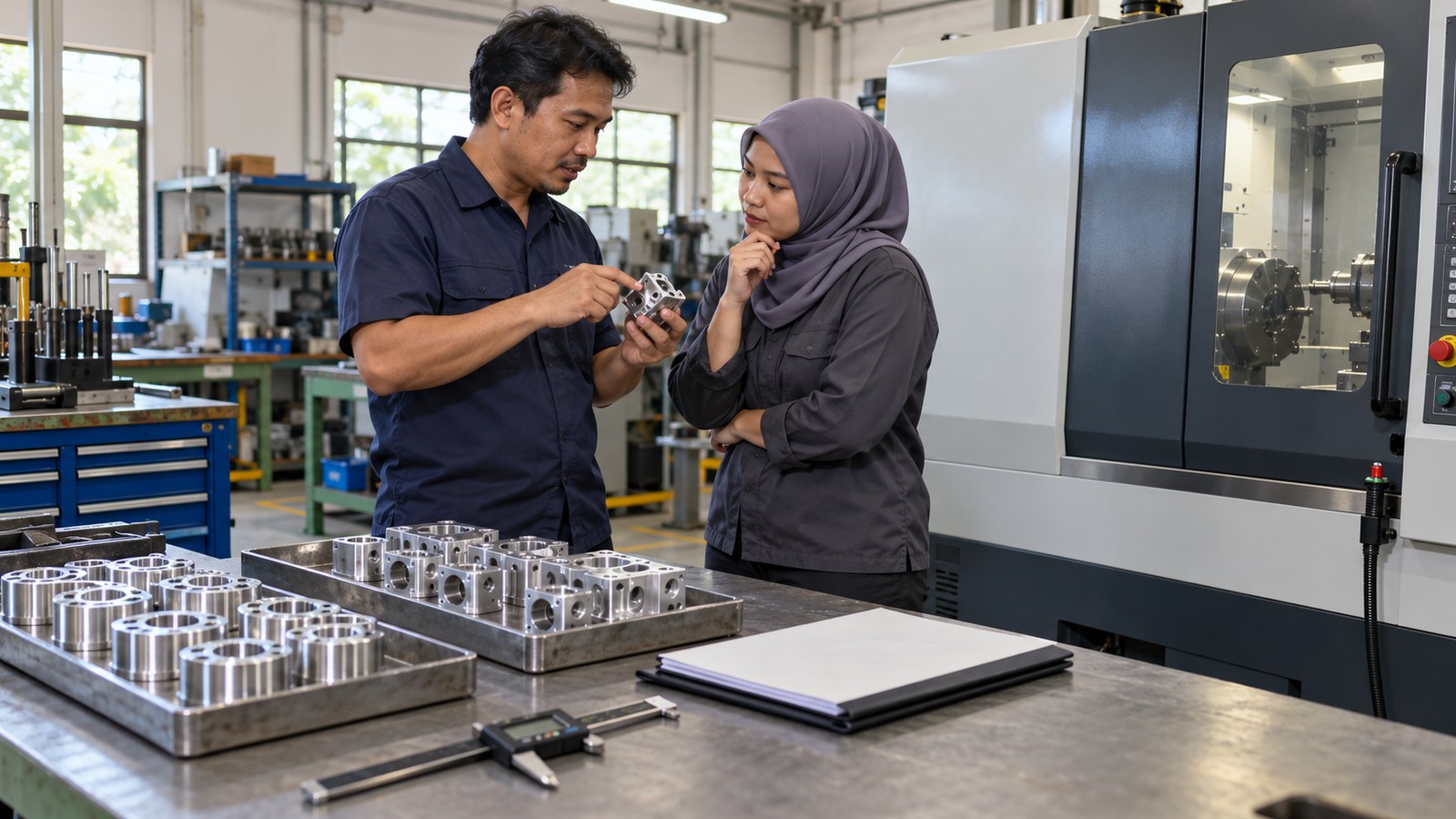 Generated illustration of Malaysian workshop staff reviewing a sample metal component beside parts trays and a guarded machining centre