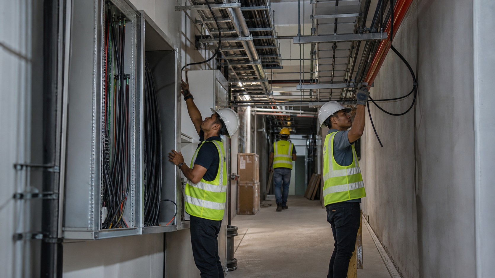 Malaysian technicians in safety vests installing cable trays and checking electrical panels inside a modern technology-facility service corridor