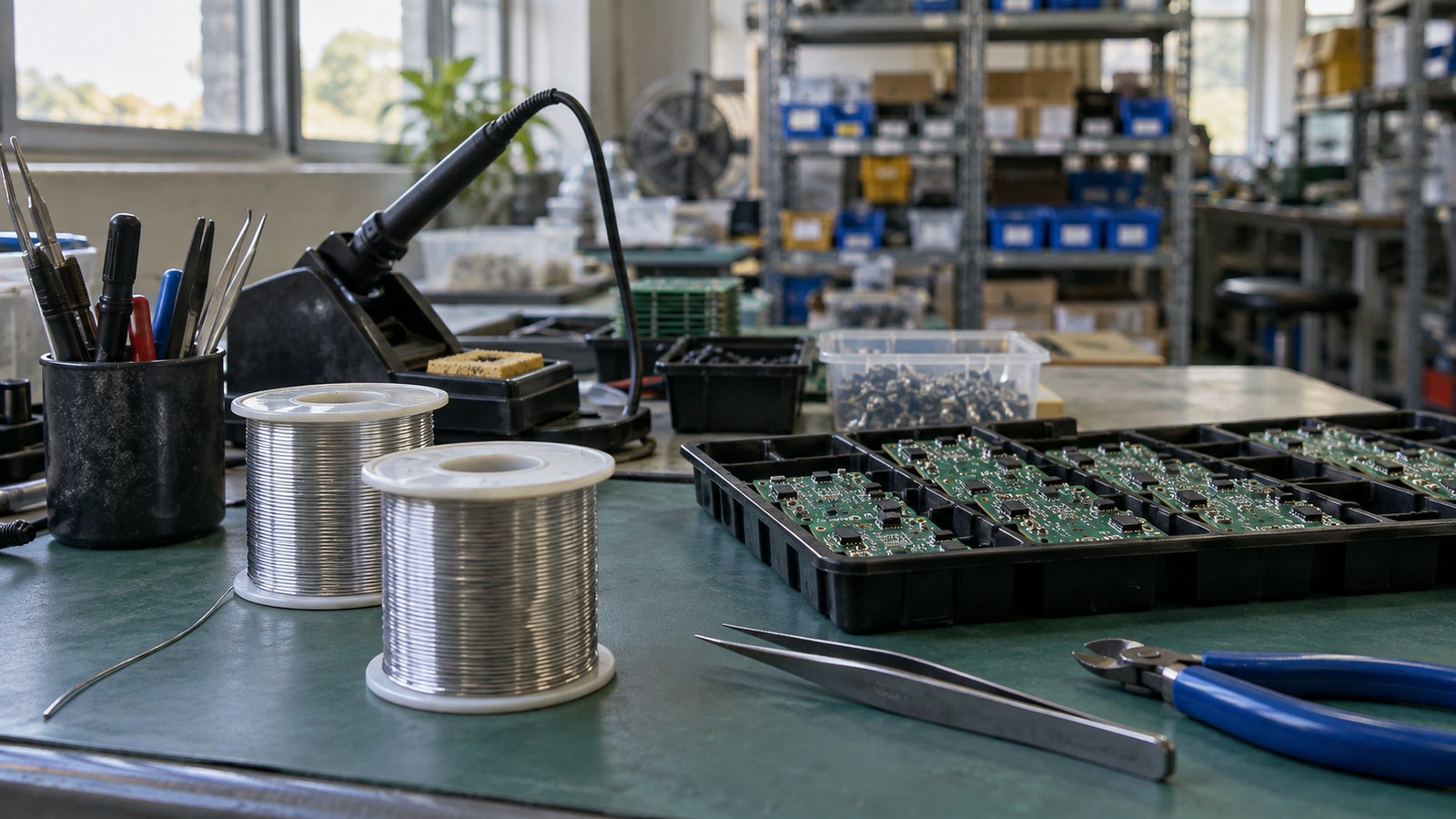 Plain solder wire spools and circuit boards on a Malaysian electronics assembly workbench