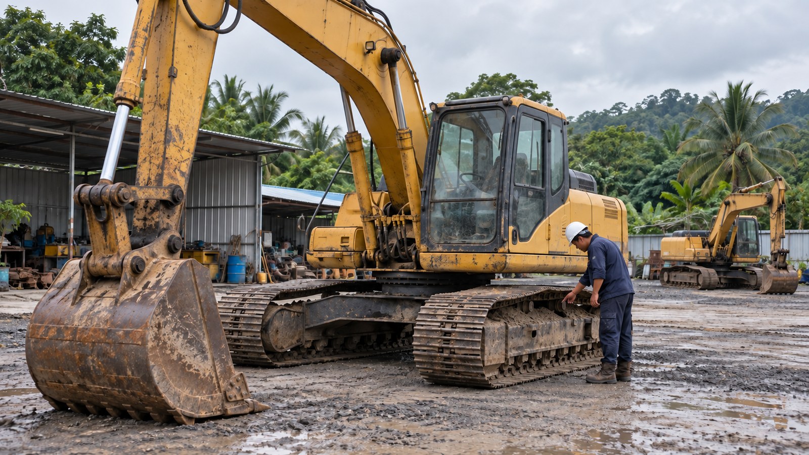 Illustrative scene of a mechanic checking the steel tracks of a parked used excavator in a Malaysian machinery yard