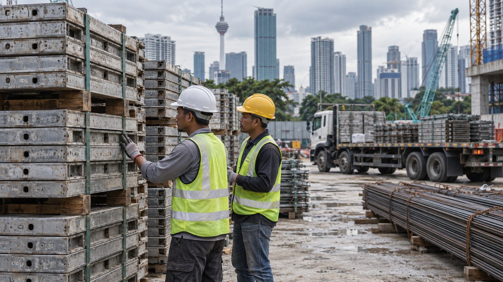 Illustrative Malaysian construction workers inspecting stacked formwork beside a flatbed truck in an urban materials staging yard