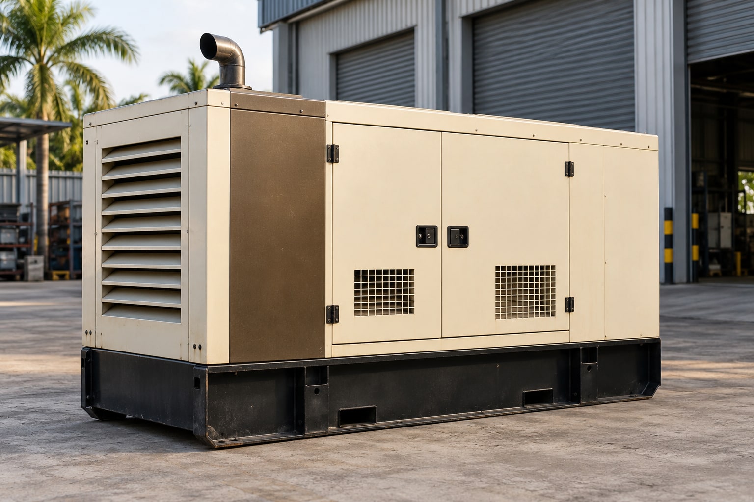 Illustrative used enclosed diesel genset outside an industrial workshop